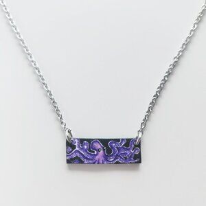 Weirdcore cute octopus rectangle pendant on a small silver chain necklace